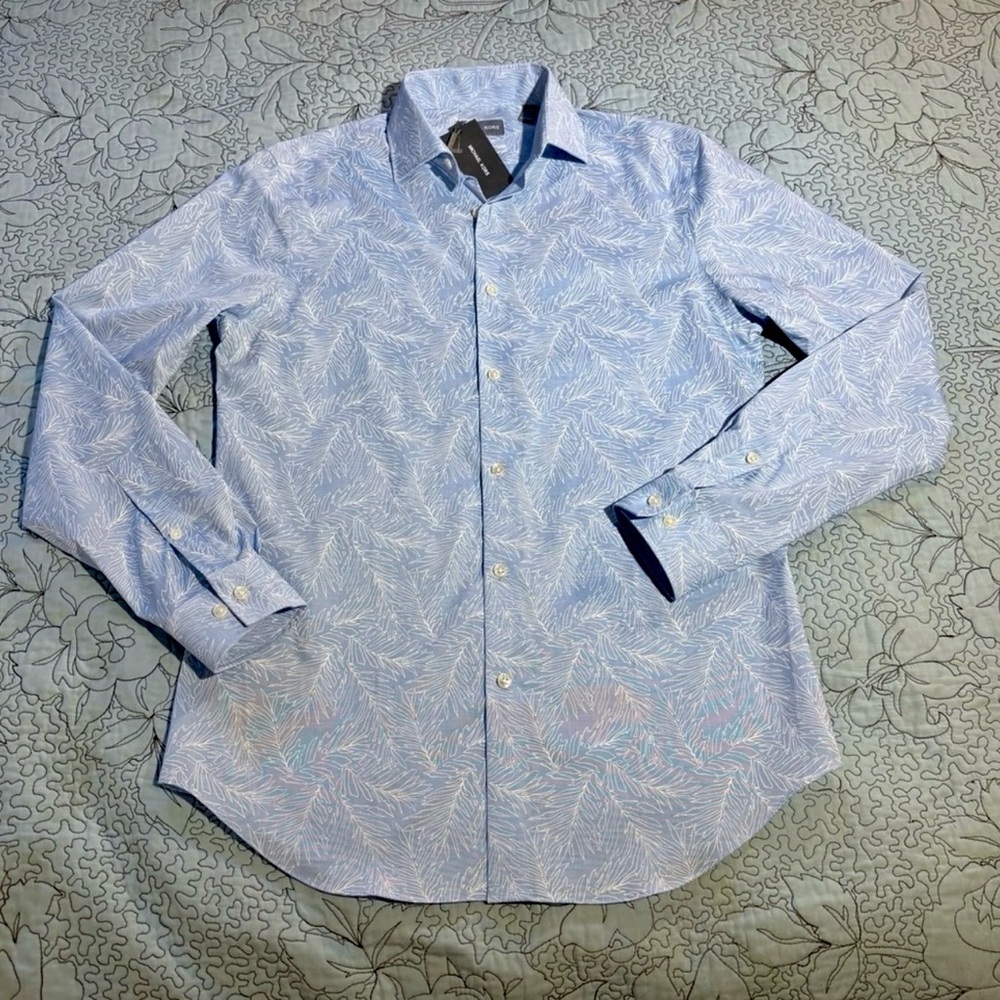 NWT MICHAEL KORS Slim Fit Non-Iron Dress Shirt Airsoft Leaf Print 14.5 32/33💛 - Picture 6 of 13